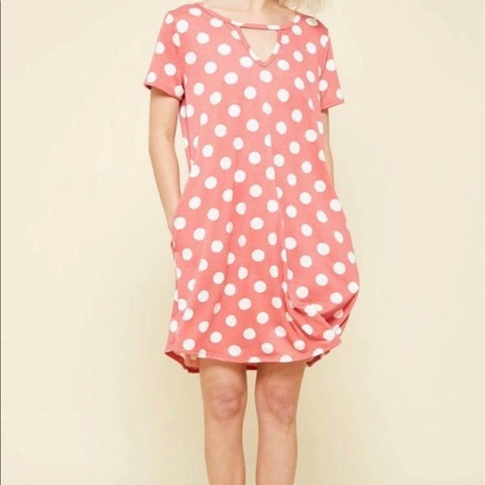 💐💐Promesa BOUTIQUE Polka Dot Print Mini Dress in Coral and White Size Small
